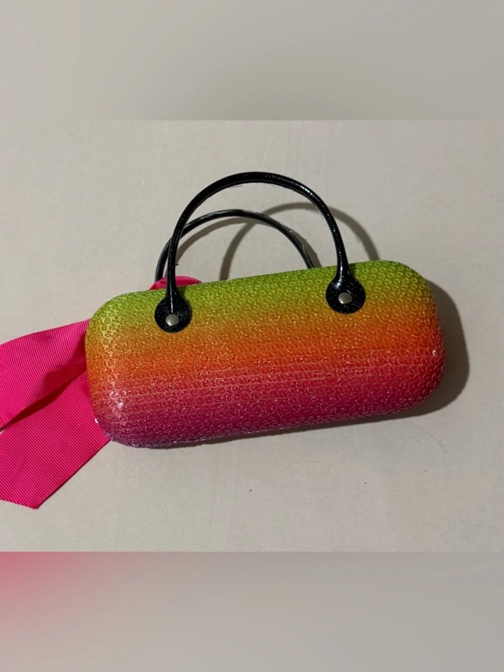 Rainbow Beaded Sunglass Case with Hot Pink Ribbon